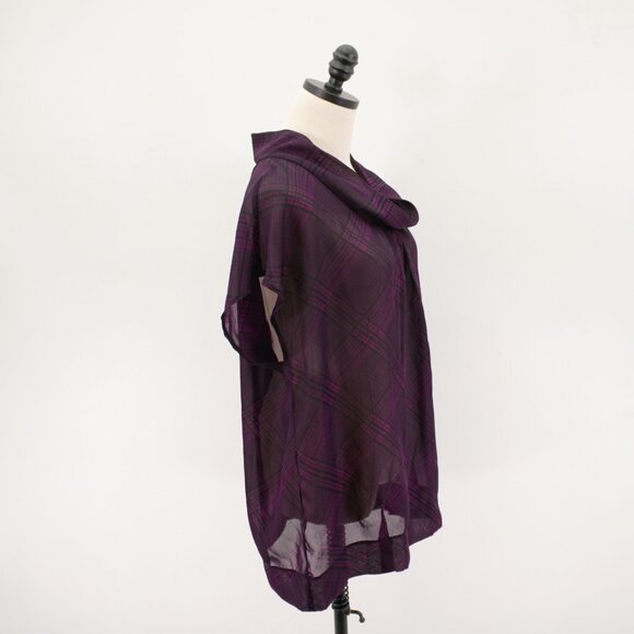 Apostrophe Sheer Purple Plaid Rolled Neck Poncho Blouse Top Sleeveless XL Polyes - Picture 6 of 8